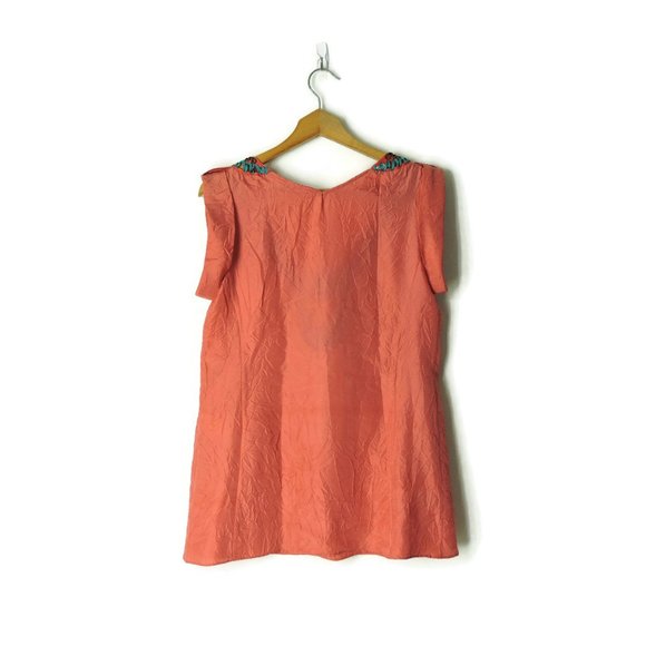 Nanette Lepore gorgeous crinkle silk coral red green embellished blouse top 0 - Picture 2 of 9